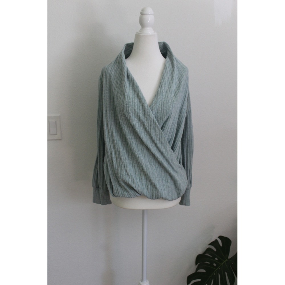 Maeve by Anthropologie Women Light Blue Ribbed Surplice Wrap Sweater Small
